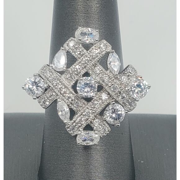 Vtg Simulated-Dmnd CZ Tic Tac Toe Woven Sterling Silver Cocktail Ring 8-1/2 - Picture 3 of 6